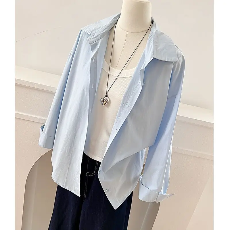 เสื้อคลุมคาร์ดิแกนผ้าฝ้ายสีฟ้าอ่อน แขนยาว สไตล์ลำลองสำหรับผู้หญิง ทรงหลวม เปิดไหล่ สไตล์เกาหลี แฟชั่นฤดูใบไม้ร่วง ใช้งานได้หลากหลาย คอเสื้อหลวม