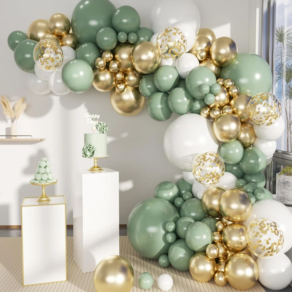 151Pcs Garland Arch Kit Sage Green Balloon Gold Confetti Globos Baby Shower Birthday Party Wedding Graduation Supplies Decor