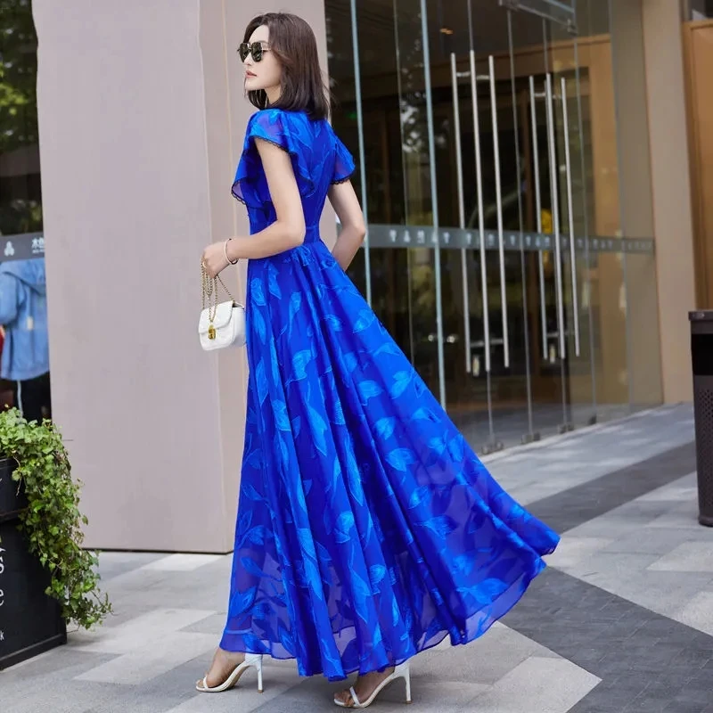 Blue Women 2024 New Summer Chiffon Boho Dress elegante Floral Beach Chic Casual scollo a v Fashion Long Prom abiti aderenti per