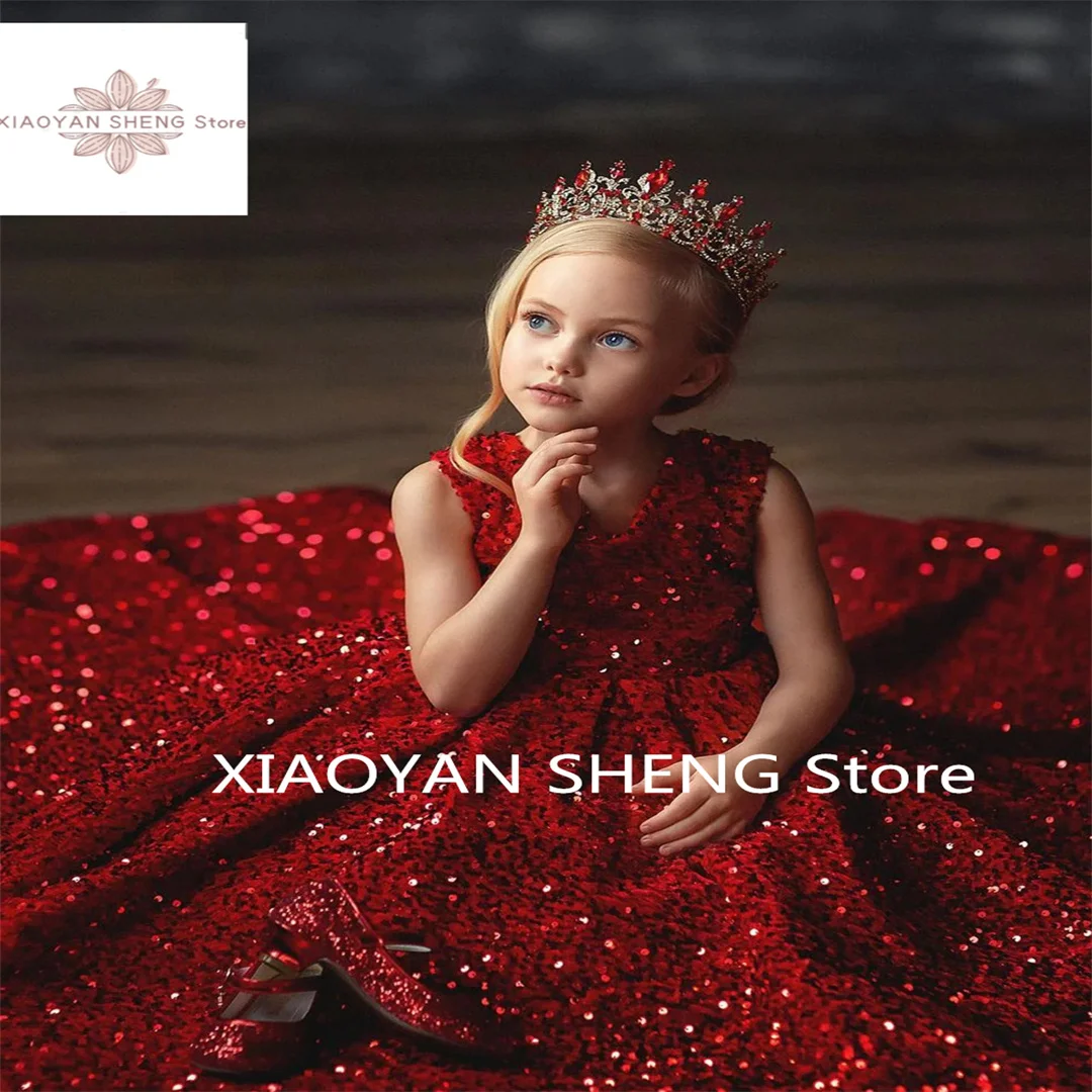 、Flower Girl Dress Gorgeous Starry Red Sleeveless Sequins Princess Ball First Communion Dresses Kids Surprise Birthday Present