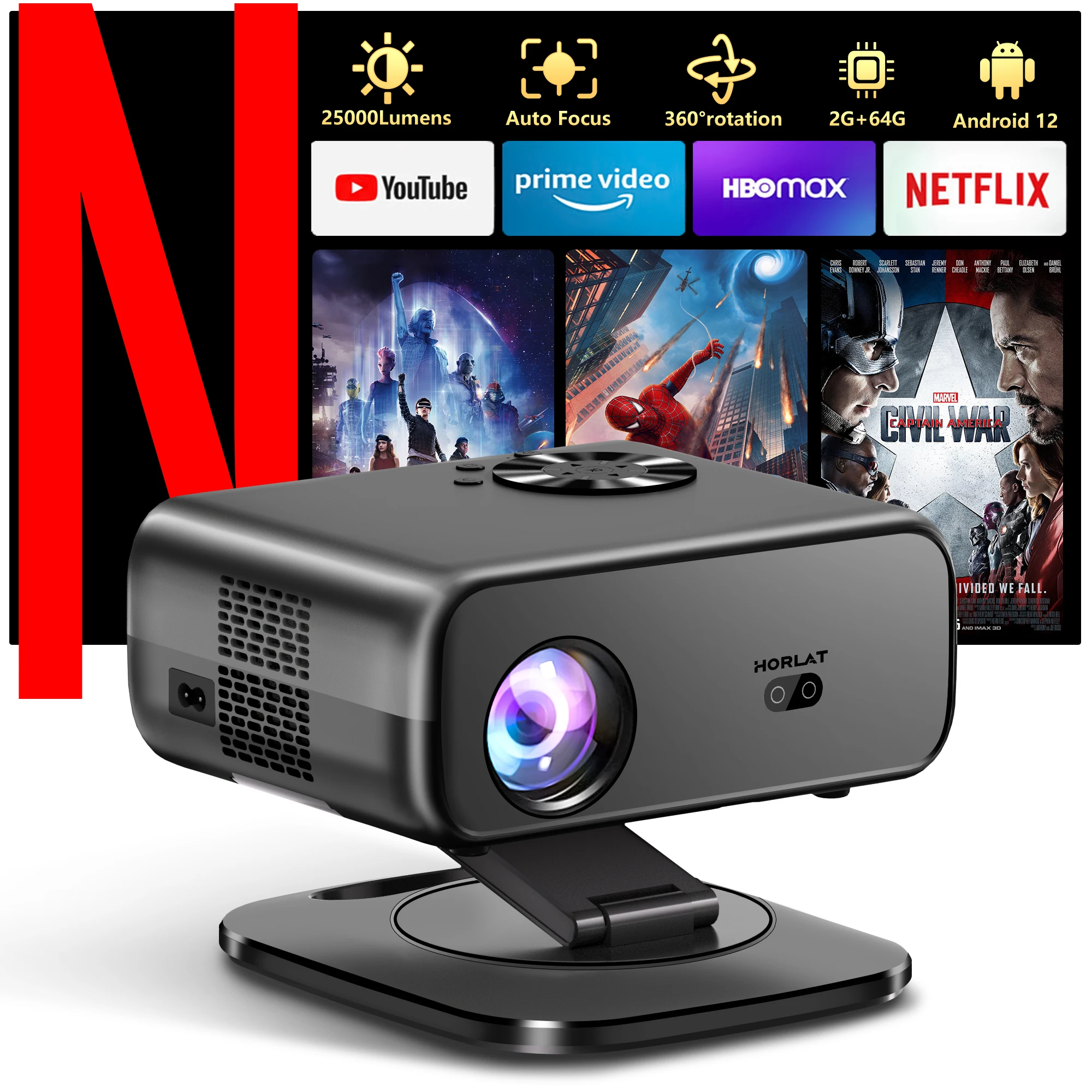 HORLAT 2025 Mini Android Projector 4K Decode Projector Full HD 1080P Video 3D Home Theater Keystone 5G WiFi Draagbare Projector