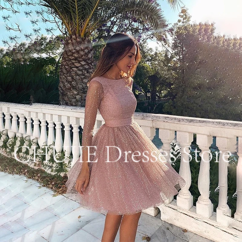 

﻿ Customized Sequins Long Sleeves Graduation Dress Cocktail Dresses A Line For Woman Wedding Prom Gowns Pleat Homecoming Dress