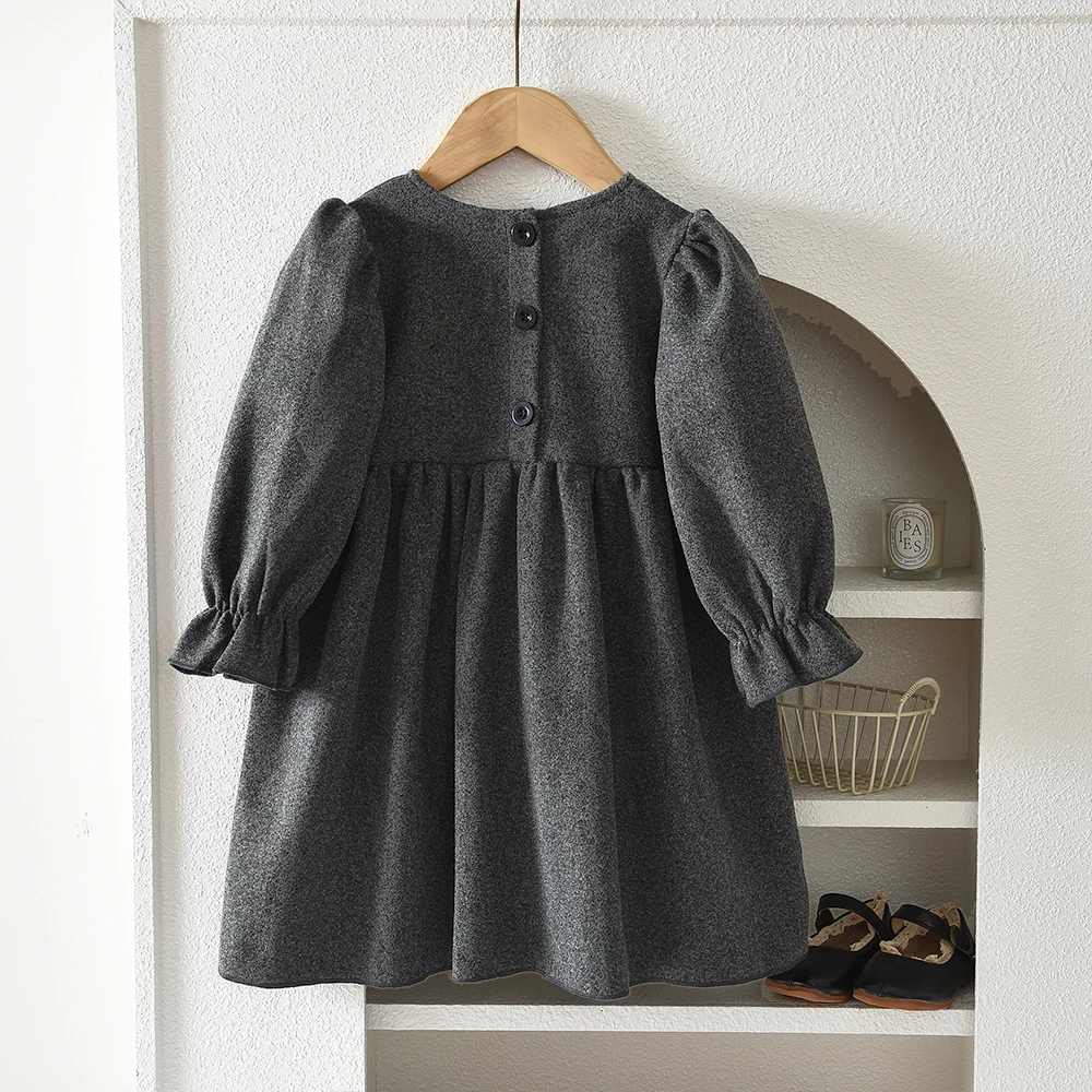Korean Version 3-7 Year Old Girls Autumn Gray Casual Long Sleeved Lace Bow Dress Daily Wear