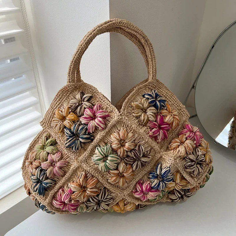 Hochwertige Handgefertigte Raffia-Schultertasche Exquisite Gewebte Stroh-Tragetasche Offene Bunte Blumen-Diamantmuster Einkaufstasche – Detail 2