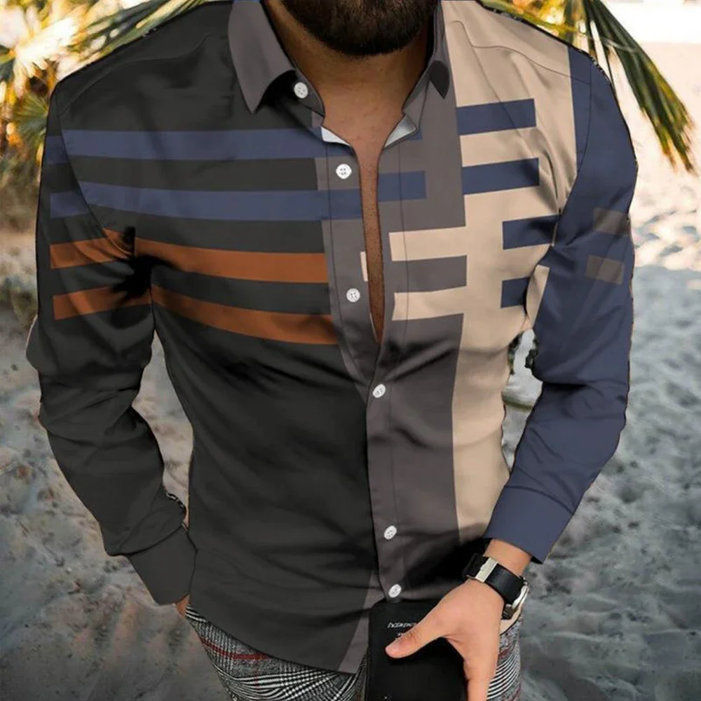 Camisa floral masculina de abotoar, camisa masculina de lapela, tops confortáveis, blusa respirável, roupa casual, elegante