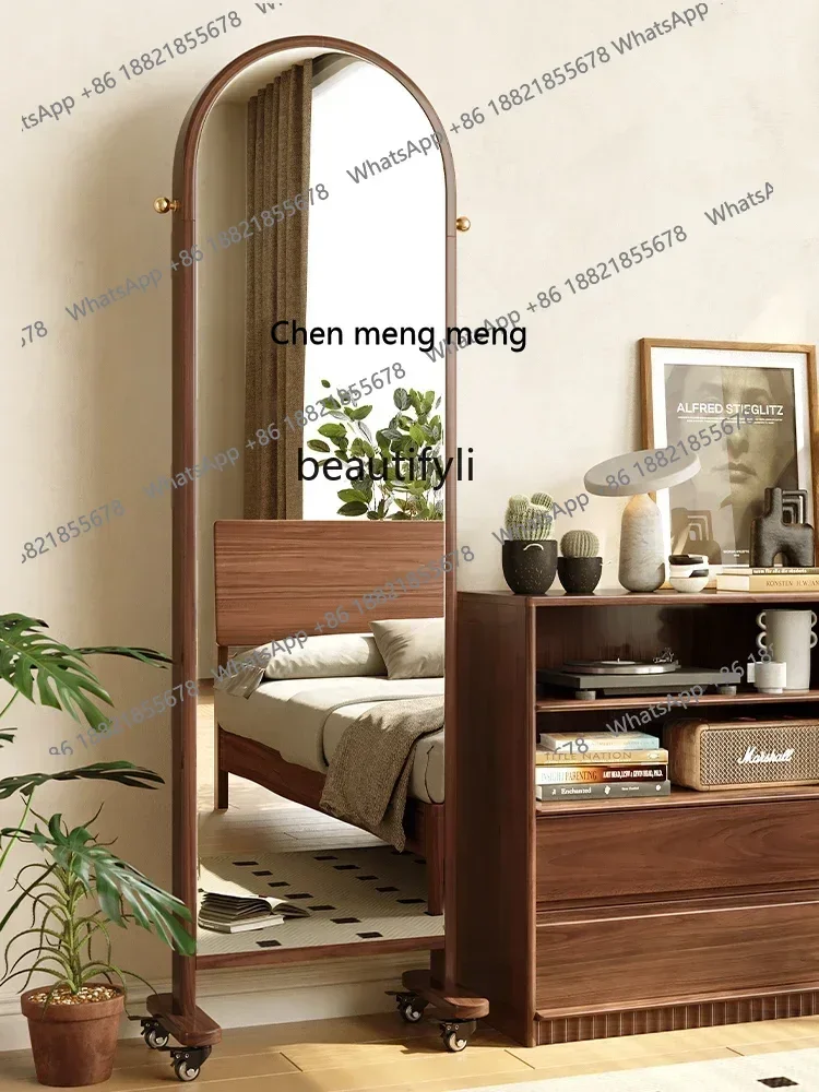 New arrive Black walnut solid wood full-length mirror movable, full-length mirror landing, magazine rack, newspaper shelf