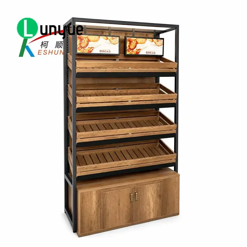 Metal Wooden Bread Rack Display Cabinet Pastry Shelf Supermarket Bakery Store Display Stand Durable Storage Organizer for