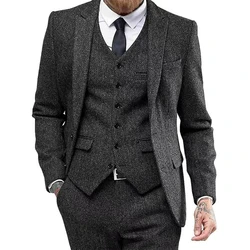 Elegant 2024 Herringbone Suit for Men 3 Pieces Blazer Vest and Pant Set Classic Vintage Tuxedo Set for Wedding Business Evening