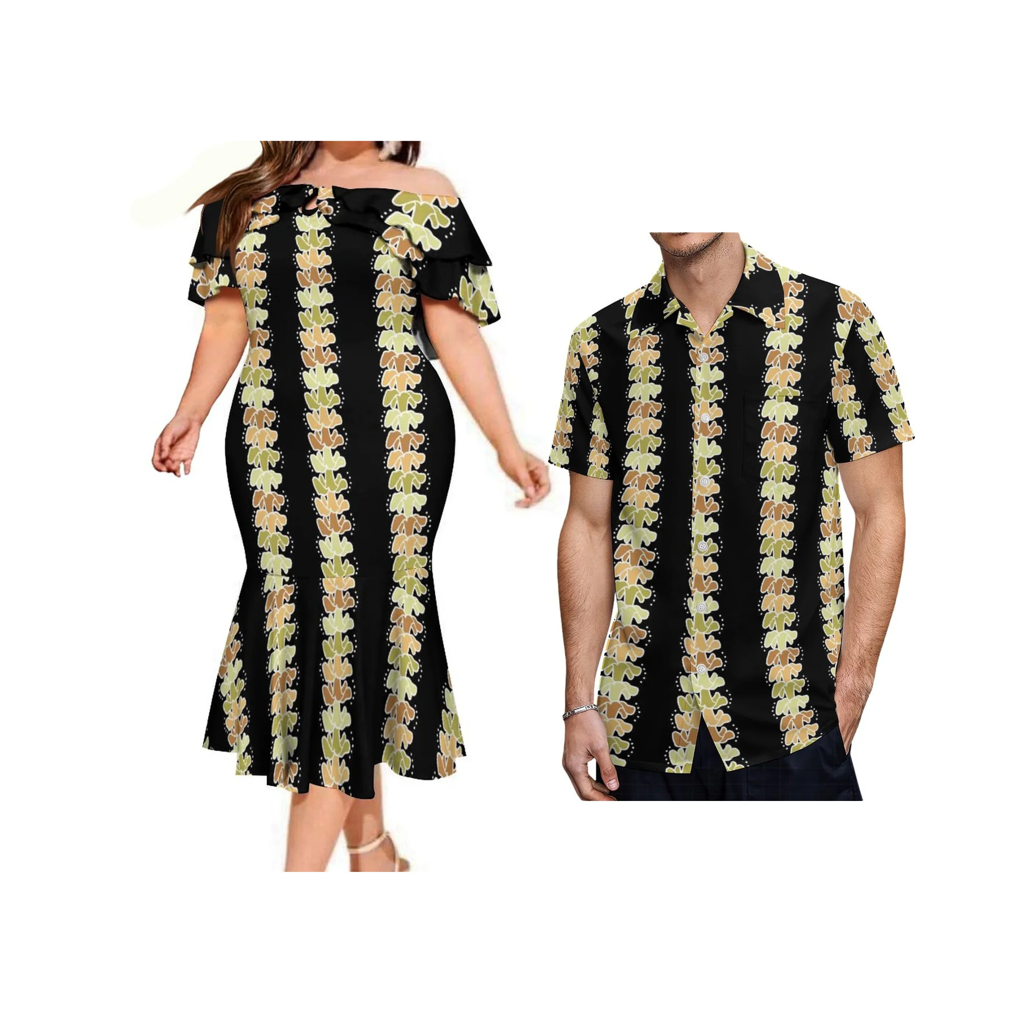 فستان نسائي مخصص مكشوف الكتفين على الطراز البولينيزي مع مجموعة قميص Ah Roja للزوجين شحن مجاني