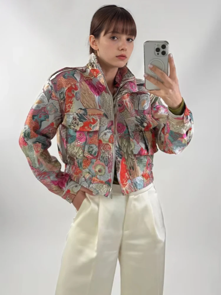 

Fashion Printed Short Jacket Women Vintage Casual With Pocket Zipper Long Sleeve Jackets 2025 New Autumn Winter High Street Coat