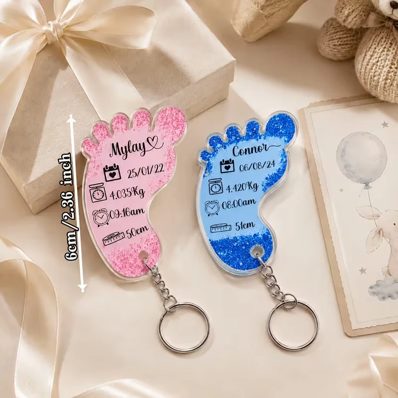 Custom Footprint Acrylic Keychain Engraved Name Date Weight Time Length Memorial Keyring Gifts for Parents Family Keepsake Decor