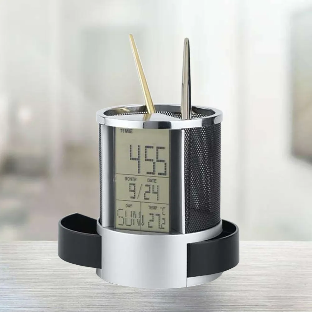 Metal and Plastic Multifunction Pen Container Clock Holder with Date Time Week Temperature Countdown Display for Desktop Office