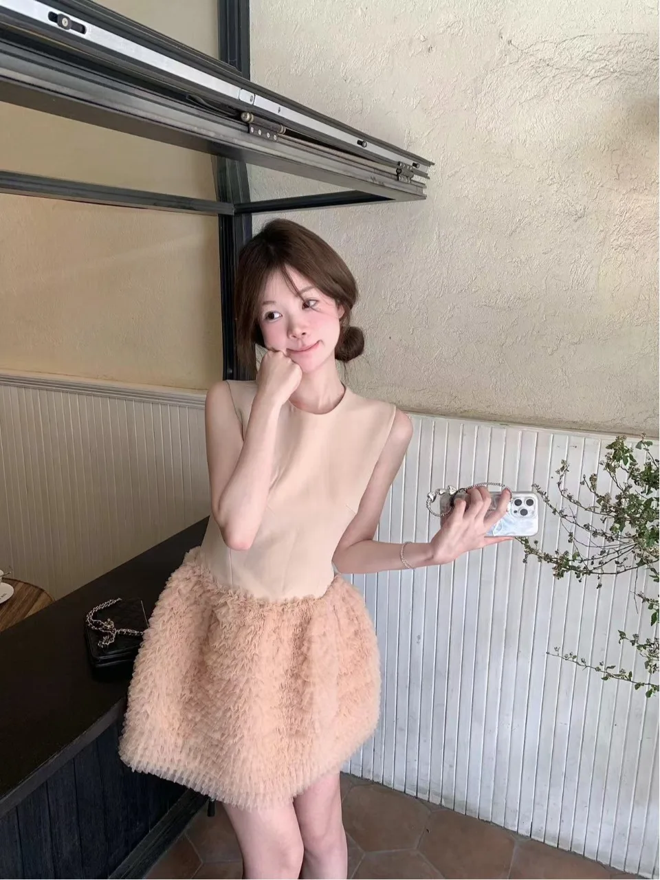 Princ Sle Vest Dr Women Summer 2025 New Waist Cinched Tulle ort Skirt Splice Net Gown Korean Sle round Ne Sv...