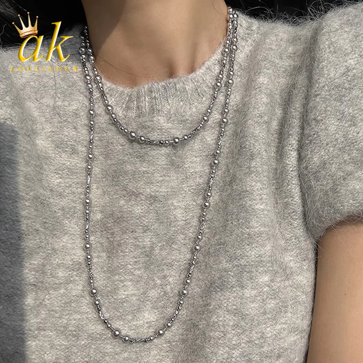 

Aokaishen Grey Pearl Necklace for Women's Long Versatile Luxurious High-end Autumn And Winter Sweater Chain 2023 Accessories