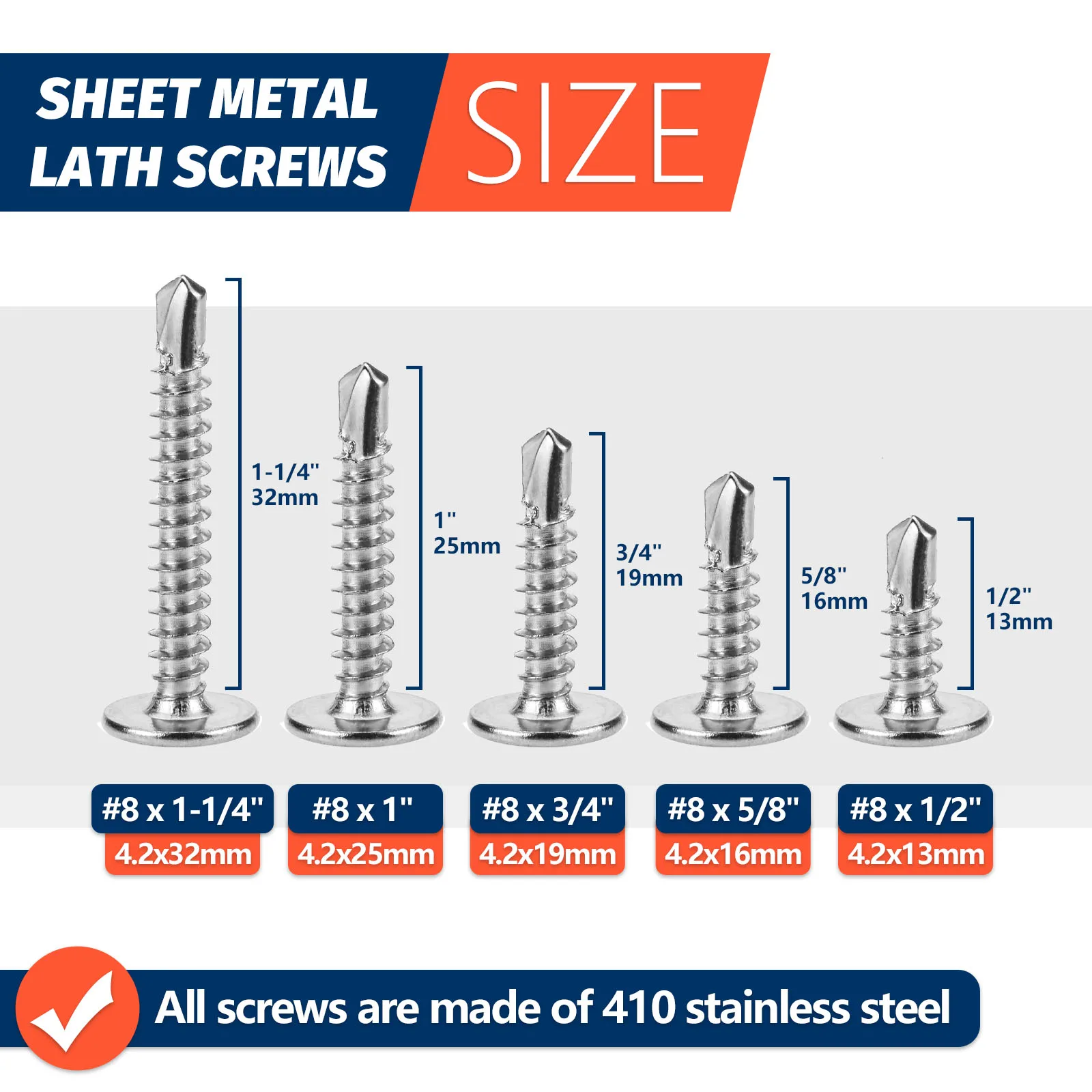 #8 M4.2 Self-Tapping Sheet Metal Screws 410 Stainless Steel Truss Head High-Strength Quick Tapping Tek Screws Lath to Metal