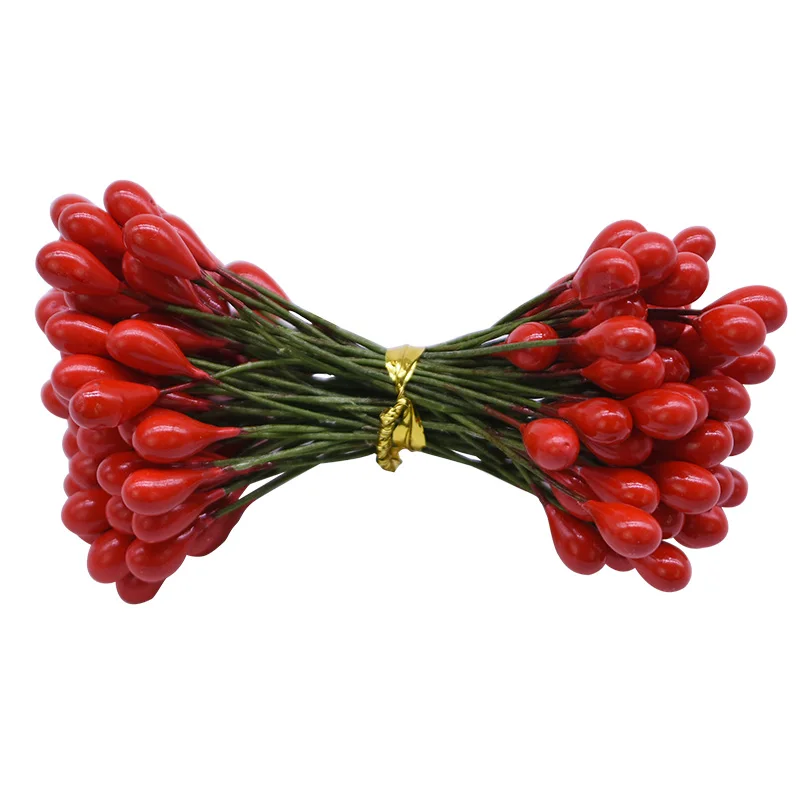 50/100pcs Artificial Flower Stamen Berries Bundle Gold Silver Double Heads Cherry Stamen DIY Christmas Wedding Wreath Decoration