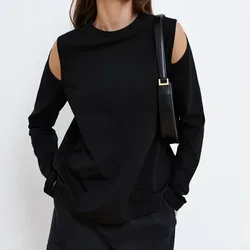 Pure Cotton Black Simple Long-sleeved T-shirt with Bare Shoulder Hollow-out Design Tees for Women