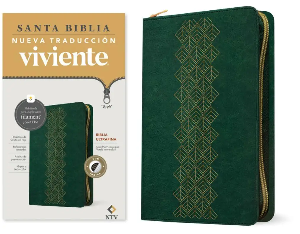 Biblia Ultrafina NTV z Zíper Verde Esmeralda, Filament, Ía i Letra Roja - Ediiczna Compacta