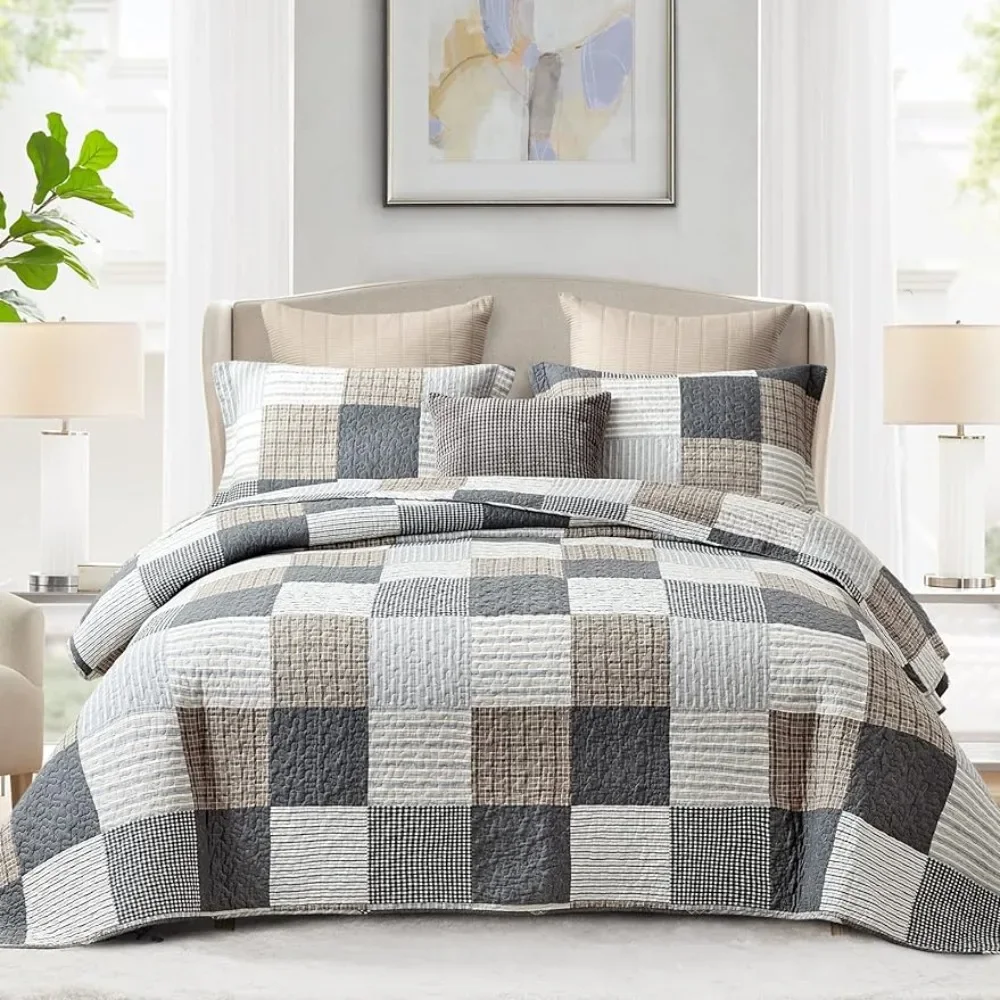 

Grey Brown White Quilted Coverlet All-Season Complete Set of Sheets Reversible Lightweight Soft Bedspread 3-Piece Bed Linen Home