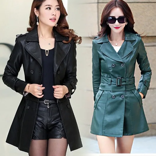 

PU Faux Leather Jacket Woman Double-breasted Long Coat Women Windbreaker Spring Autumn Clothing Chaqueta Mujer