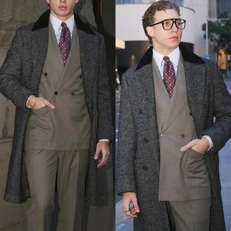 

﻿ Vintage Men Long Overcoat Double Breasted Wool Blends Formal Occasions Business Winter Warm Overcoat Customized