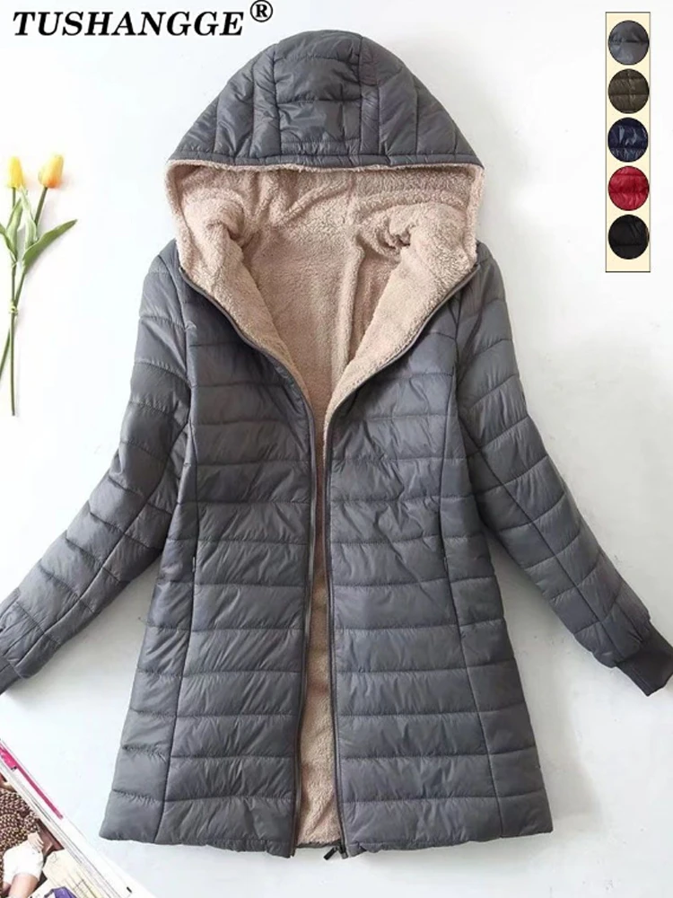 New Mid Length Korean Edition Hooded Fit Women Jackets Autumn Winter Mid-length Office Cotton Coats Warm Lamb Fleece Parkas