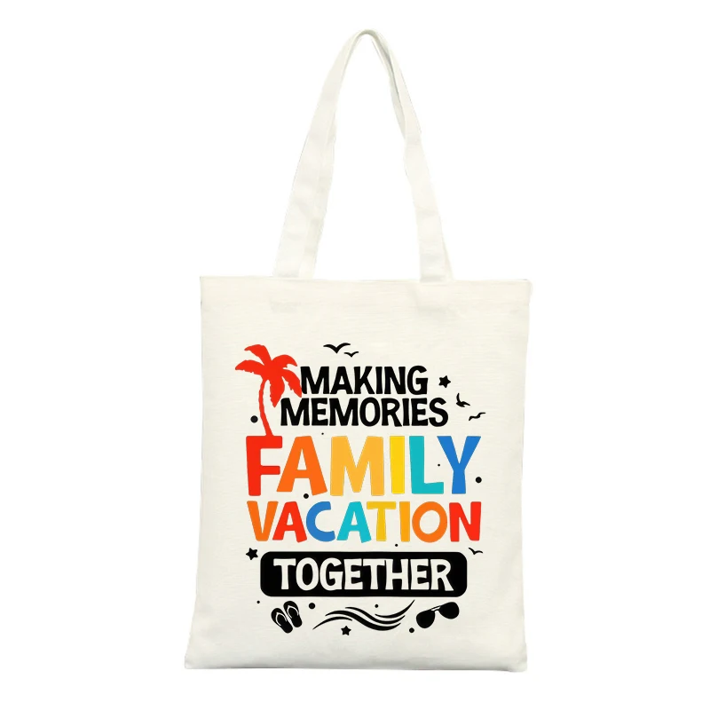 Family Vacation Canvas Tote Bag with Palm Tree and Typography Print, Ideal for Summer Outings and Beach Trips