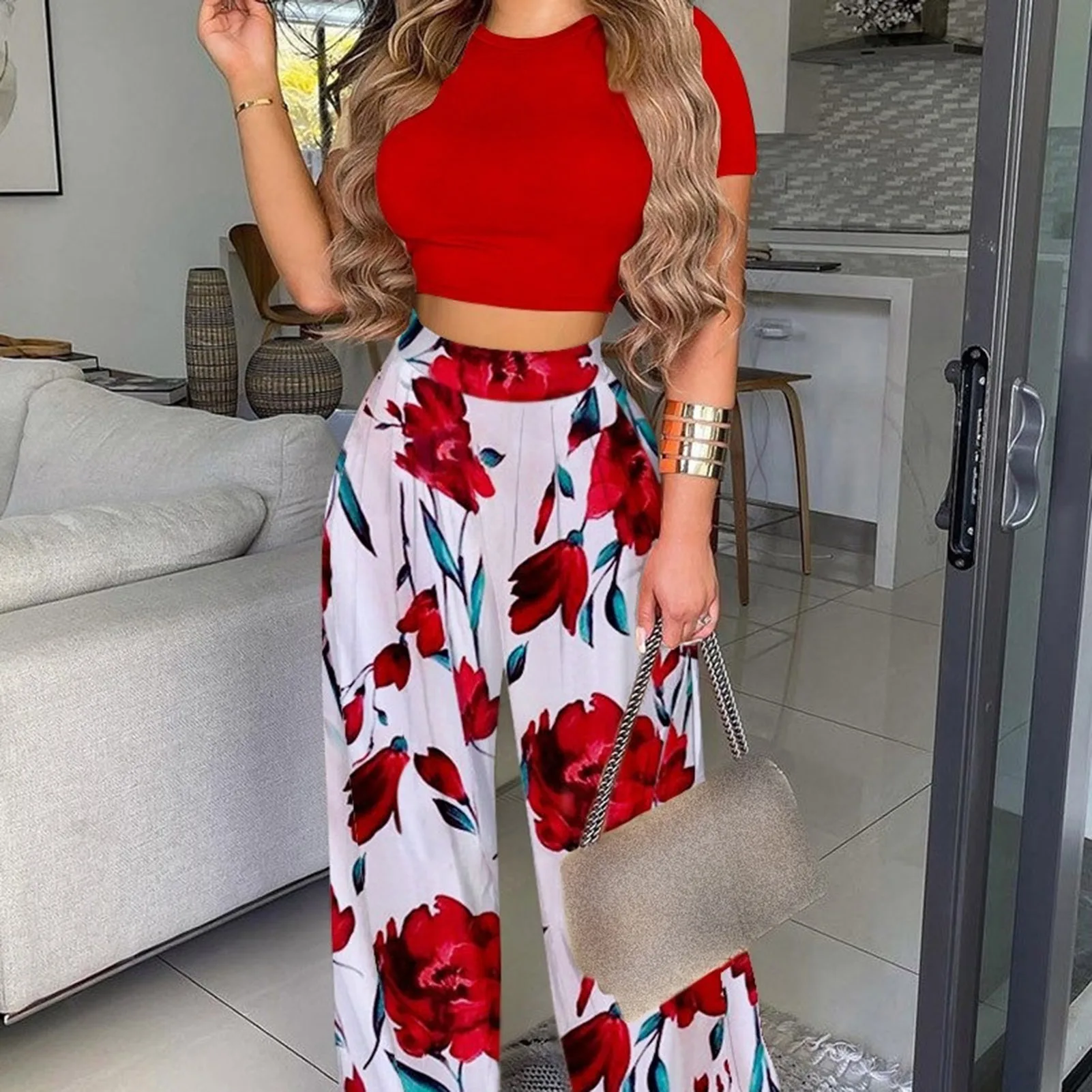 2022 Summer Elegant Women Solid Casual Fitness Tracksuit Set Outfits Short Sleeve Crop Tops Trouser Flare Pants 2 Two Piece Set