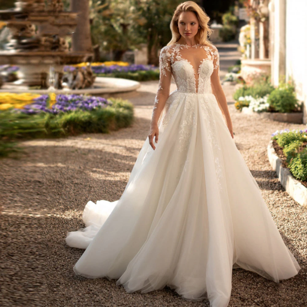 Vestido de casamento com decote em v para mulheres, mangas compridas, apliques de renda, botão traseiro, tule personalizado para medir, robe de mariee para mulheres, 2023