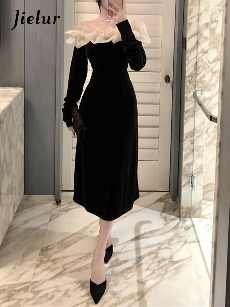 Jielur Black Fashion Velvet Midi Dress Women Long Sleeve Sexy Elegant Lady Dress Pure Color French Vintage Off Shoudler Dresses