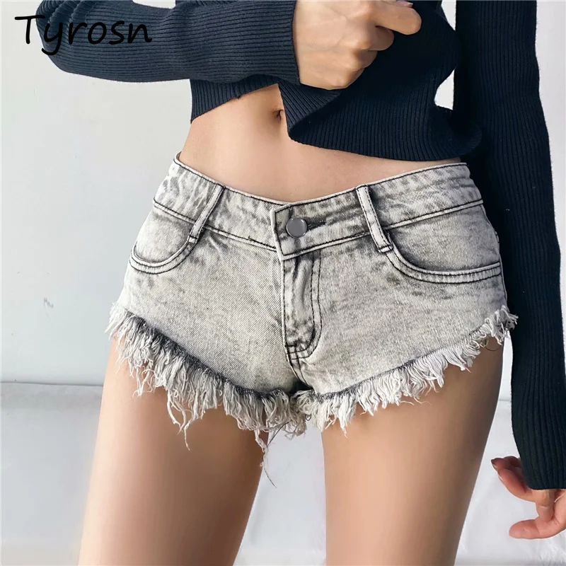 Mini Shorts Women Retro European Style Sexy Slim Clubwear Tassel Raw Edge Wrap Hip Hipster Personality Aesthetic Denim Trousers