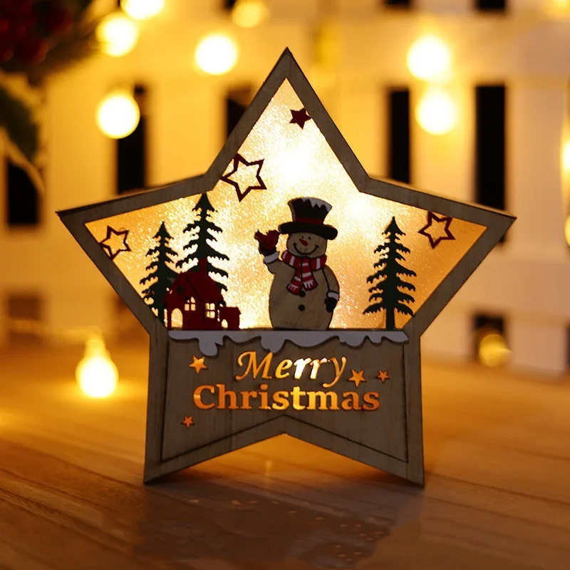 1pcs Christmas Glowing Wooden Five- Pointed Star Shape Ornaments Christmas Snowman Ornaments Shopping Mall Window Decoration