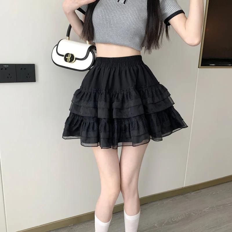 

2024 New Sweet Mini Skirt Women Summer Lace Mesh Cake Skirt Female Korean Fashion Preppy Casual Fairycore Ball Gown Short Skirts