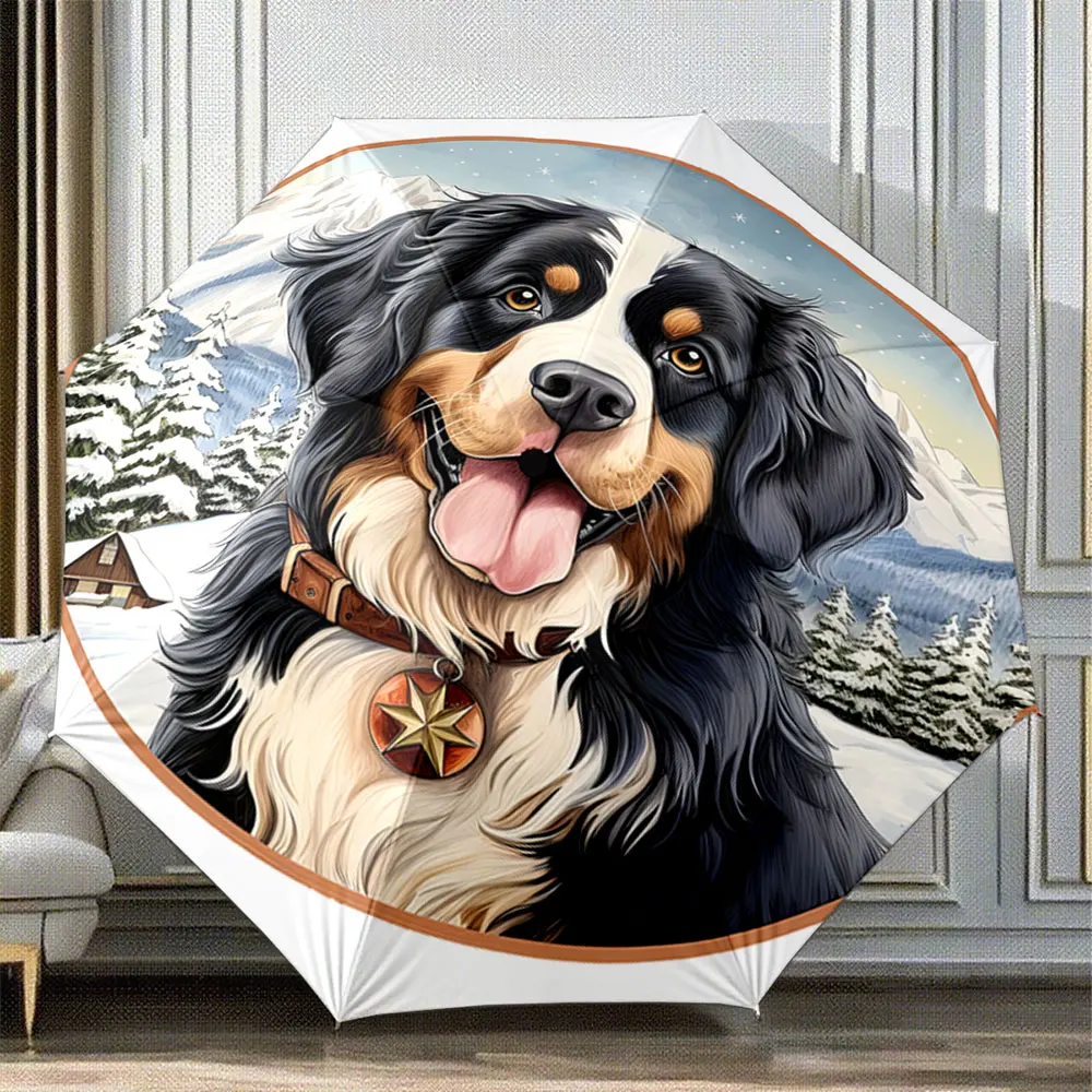 "Bernese Mountain Dog in Snowy Forest Art Design" portable waterproof sun rain umbrella for outdoor travel beach