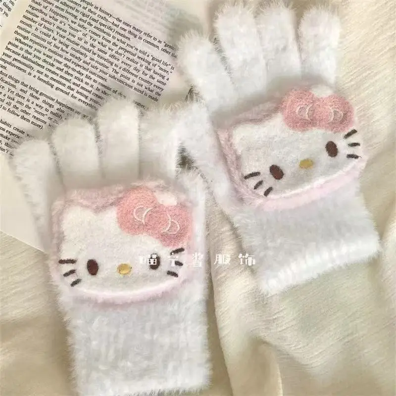 MINISO Sanrio Hello Kitty lindo montar guantes de cinco dedos mujer invierno femenino corazón ciclismo invierno mantener caliente Anime a prueba de viento nuevo