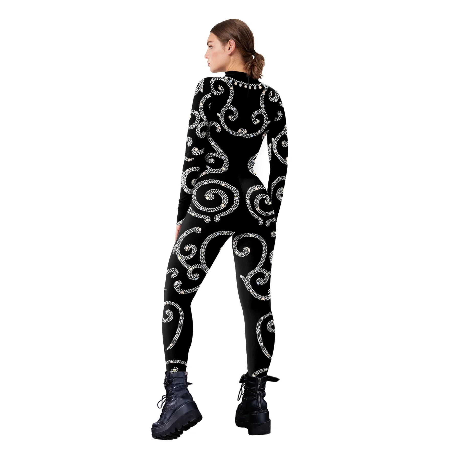 Cosplay Glanzend Kant Pailletten Bedrukt Bodycon Bodysuit Met Lange Mouwen Sexy Jumpsuit Volwassen Carnaval Party Performance Zentai Catsuits