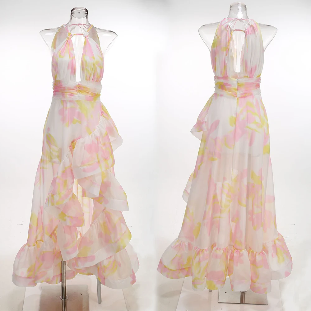 Luxury Pink Yellow Printed Halter Backless Long Dress Ruched Waist Layered Ruffle Casual Outing Prom Dresses Wedding Guests