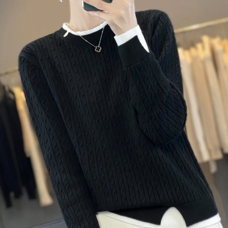 Classic All-Match Niche Worsted Wool Color Contrast Bottoming Shirt Autumn and Winter New Full Body Twisted Flower round Neck Lo