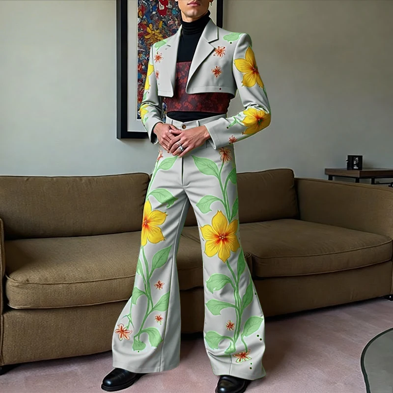 

INCERUN Men Sets Printing Lapel Long Sleeve Crop Blazer & Wide Leg Pants 2PCS Streetwear Personality Fashion Men's Casual Suits