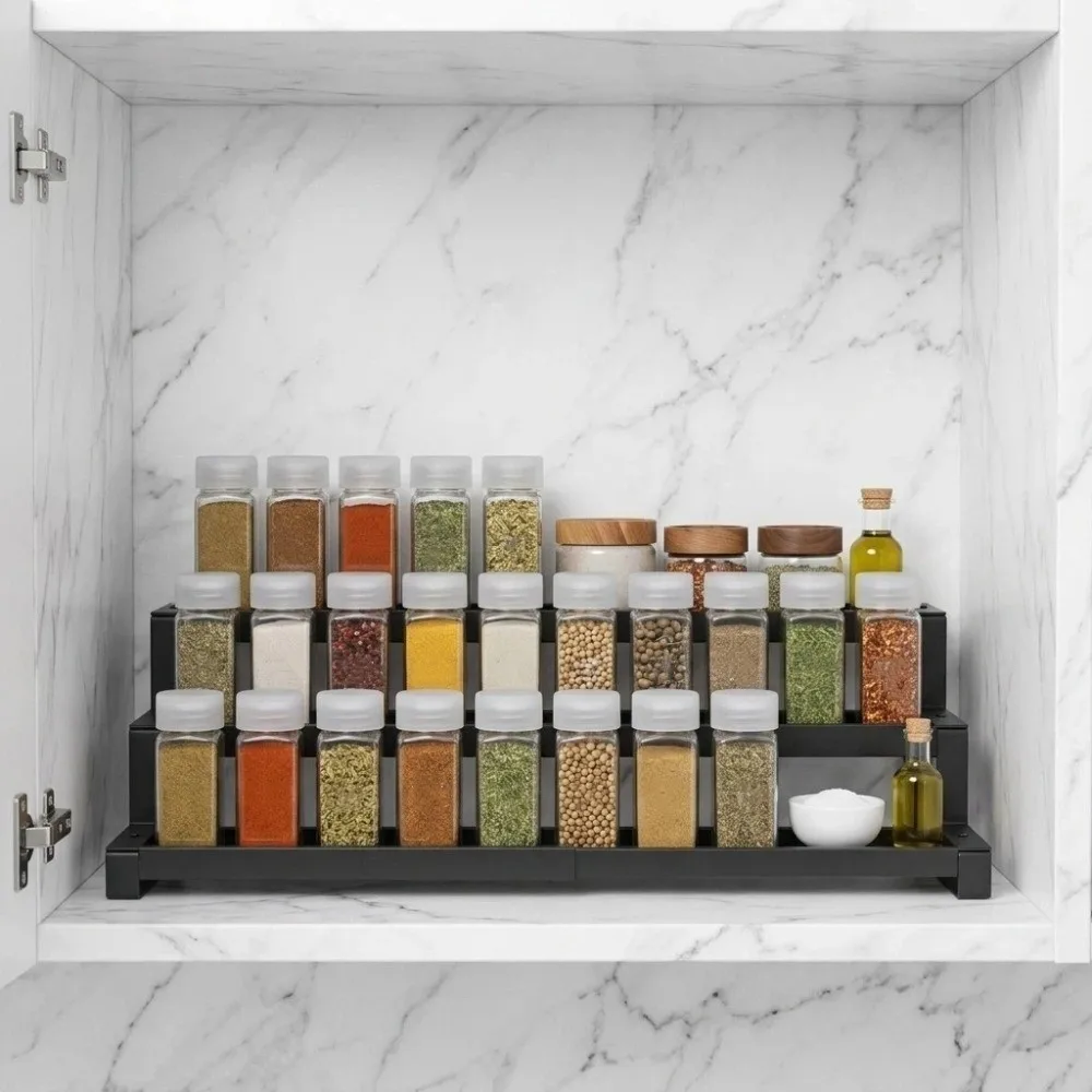 

3-Tier Retractable Spice Jars Rack Slip-Resistant Carbon Steel Metal Display Rack Telescopic Adjustable Seasoning Storage Box
