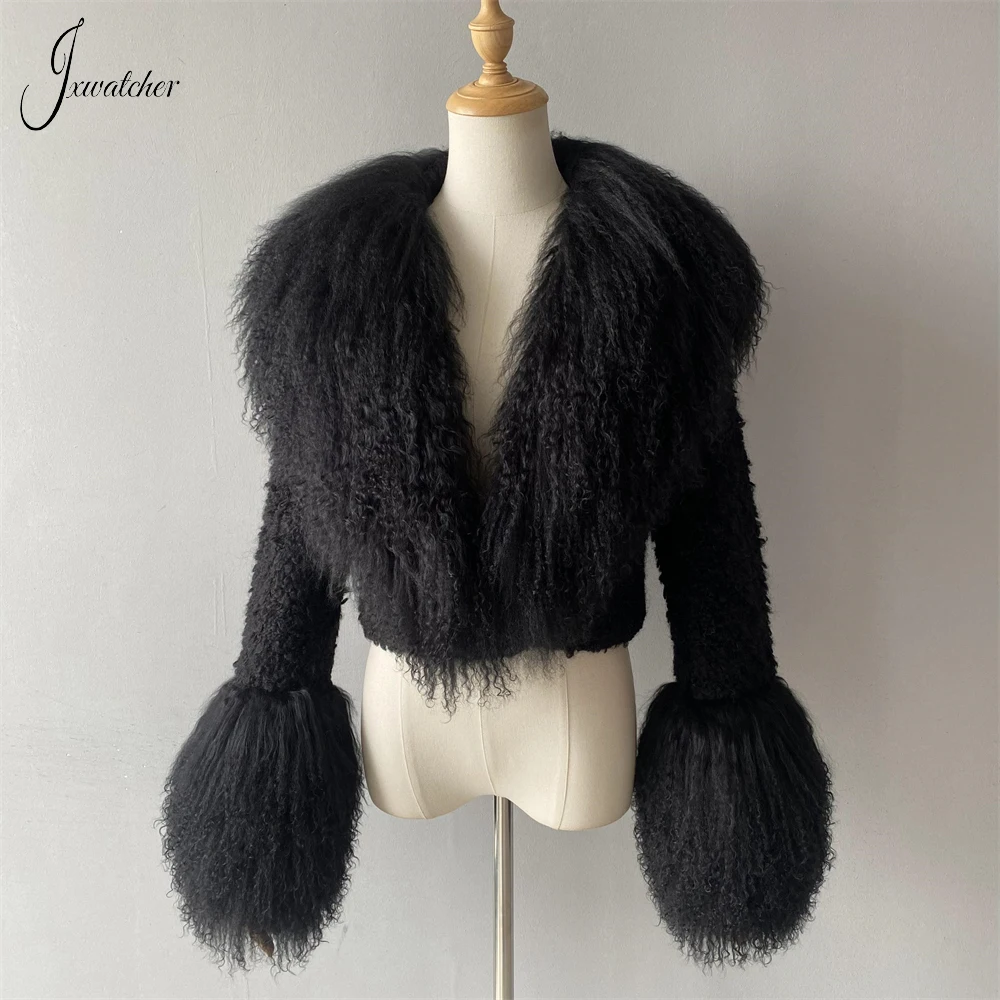 Jxwatcher abrigo de lana para mujer, puños con cuello de piel auténtica de Mongolia, moda de invierno, Chaqueta corta de Tweed de Color sólido,