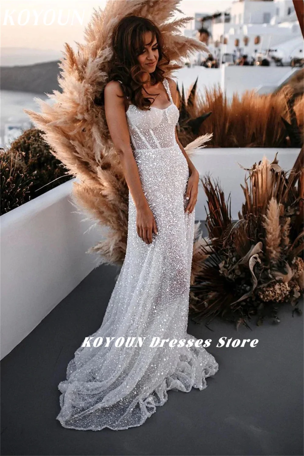 KOYOUN-vestido de novia de sirena con tirantes gruesos, traje de novia de Gelinlik 2024, Sexy, con lentejuelas, para fiesta nupcial