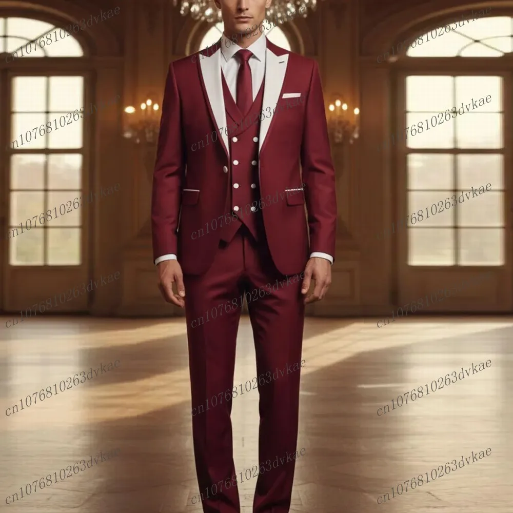 

Белый и бордовый новый мужской костюм для свадьбы, вечеринки, торжественных мероприятий, жениха, шафера, выпускного, деловых встреч, мужской смокинг, комплект из 3 предметов: пиджак, жилет, брюки