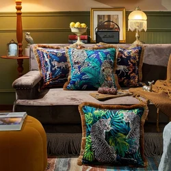 Retro Jungle Animal Collection Cushion Cover Luxury Gold Tassel Fringe Satin Pillowcase Tiger Leopard Sofa Couch Home Decor