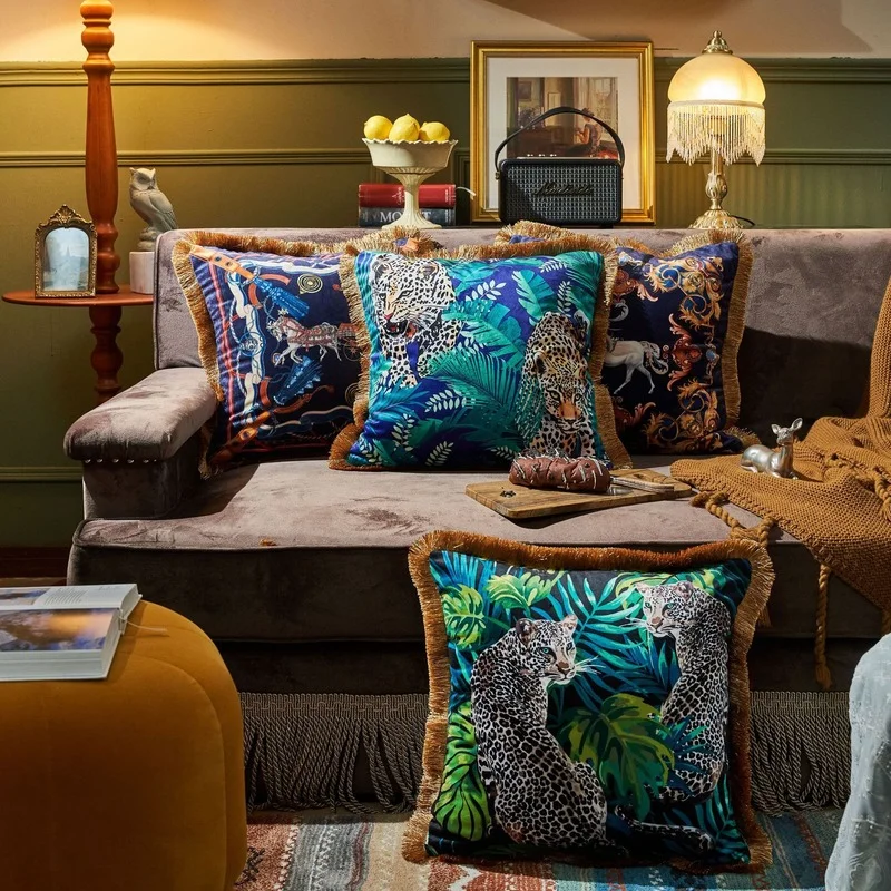 Retro zwierzę z dżungli kolekcja obicia na poduszki luksusowy złoty frędzel Fringe satynowa poszewka na poduszkę tygrys Leopard Sofa kanapa Home Decor