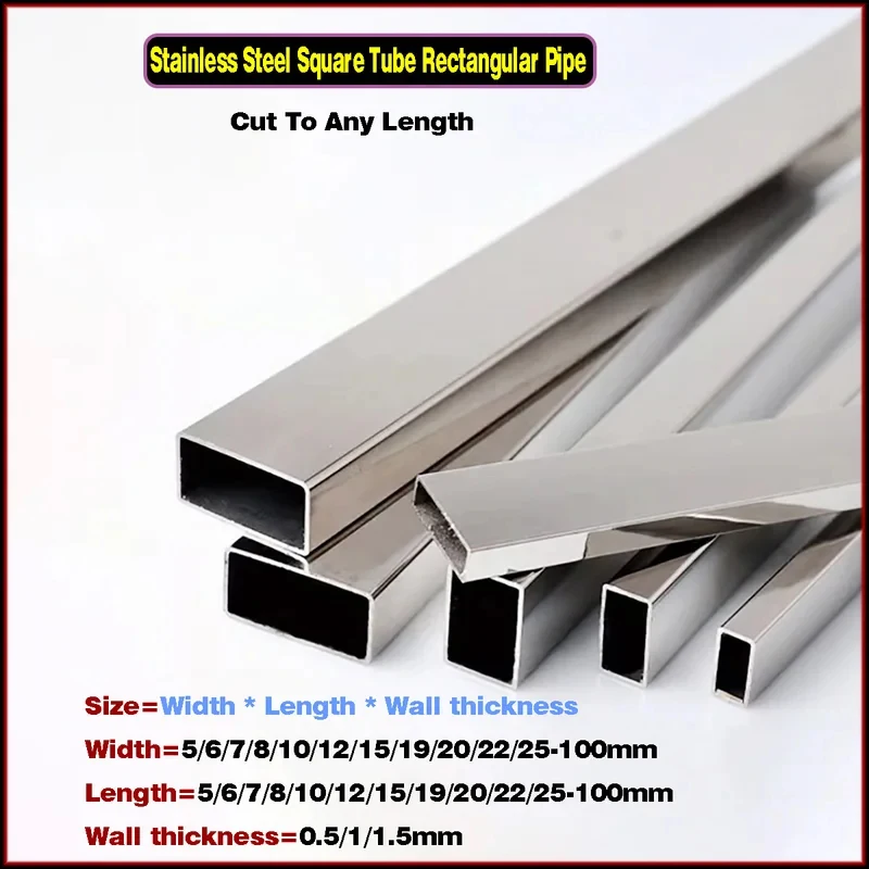 304 Stainless Steel Square Rectangular Tube 5-100mm Width 0.5mm 1mm 1.5mm Wall Thickness Hollow Pipe