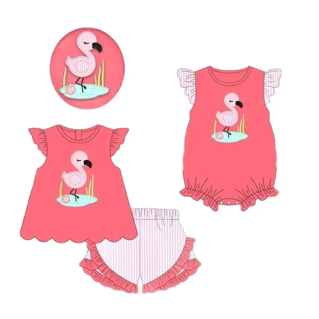 Girls series boutique children's sets pearl flamingo print shorts vertical lace girls set baby jumpsuit milk silk wholesale