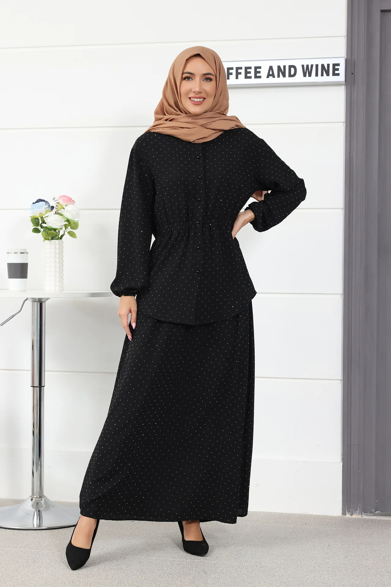 Ramadan Moslim Vrouwen Dubai Tweedelige Set Jurk Knopen Tops Rok Pak Abaya Arab Kaftan Islamian Eid Past Bij Kalkoen Casual Bescheiden