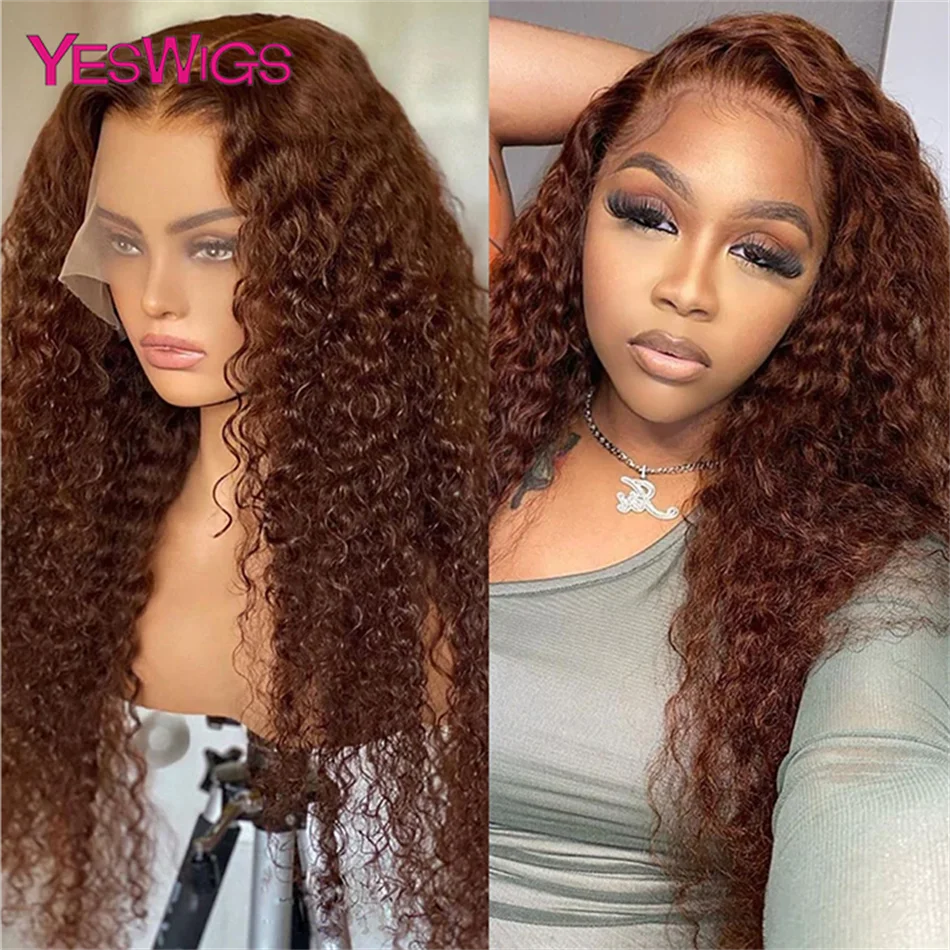 13x6 Chocolate Brown Deep Wave Lace Front Human Hair Wigs Transparent 13x4 Deep Curly Pre Plucked Human Hair Lace Frontal Wigs