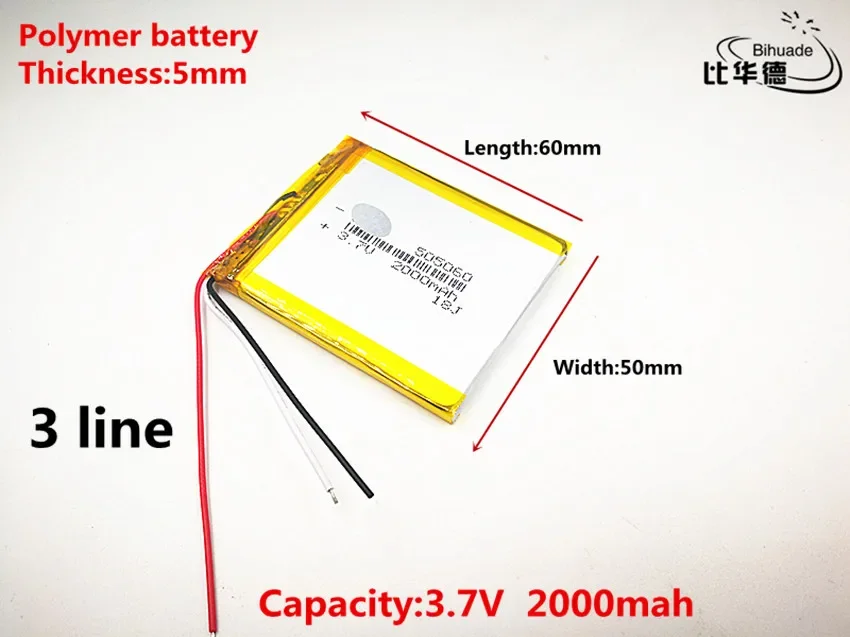 10pcs/lot 3 line Good Qulity 3.7V,2000mAH,505060 Polymer lithium ion / Li-ion battery for TOY,POWER BANK,GPS,mp3,mp4